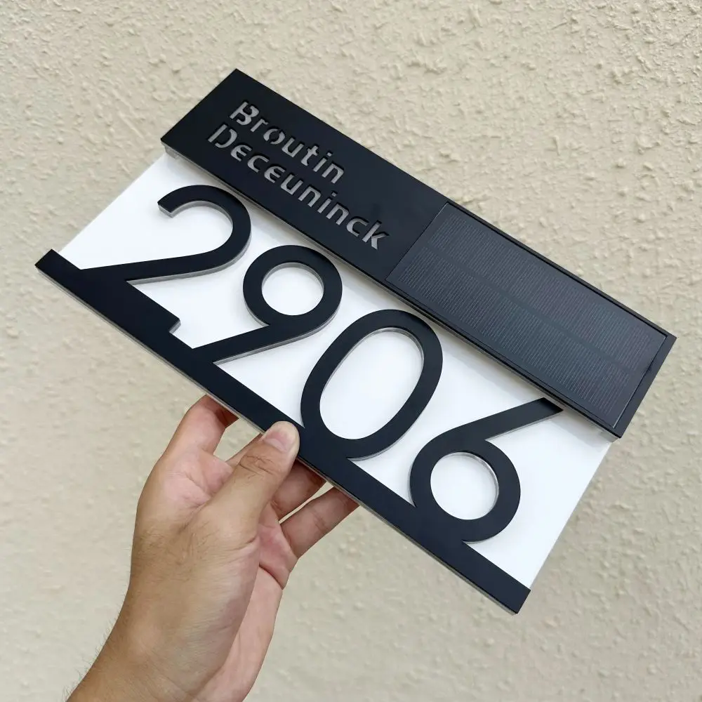 Personalized Solar House Number Light Exterior LED Light House Plaque 3D Laser Cutting Street Family Name Door Sign Gift