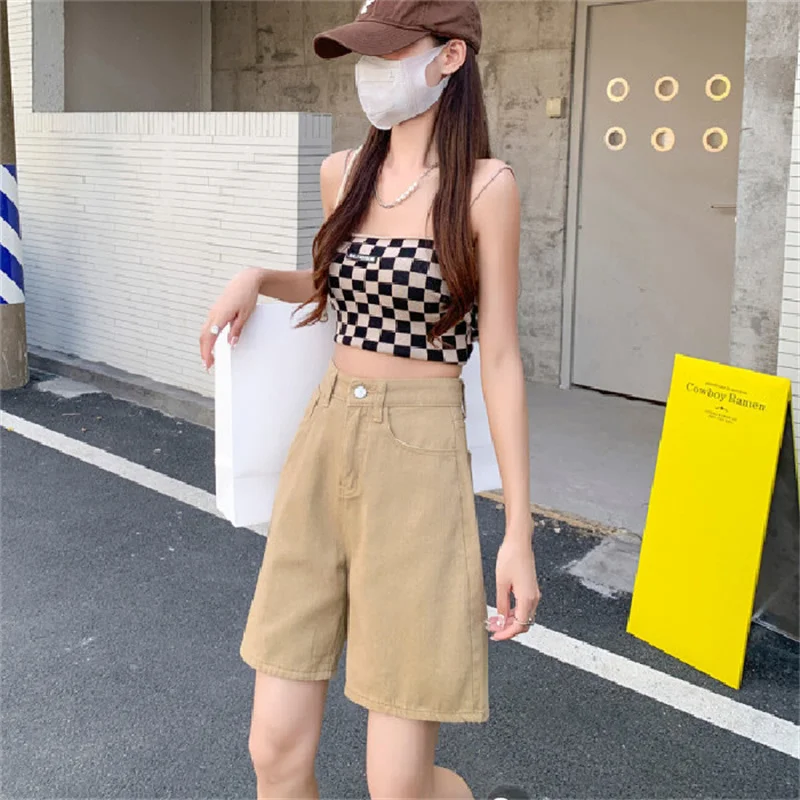 Colorful Chic High Waist Jeans for Women, Straight Loose Shorts Female Wide Leg Denim Pants Summer Pockets Versatile Retro Pants