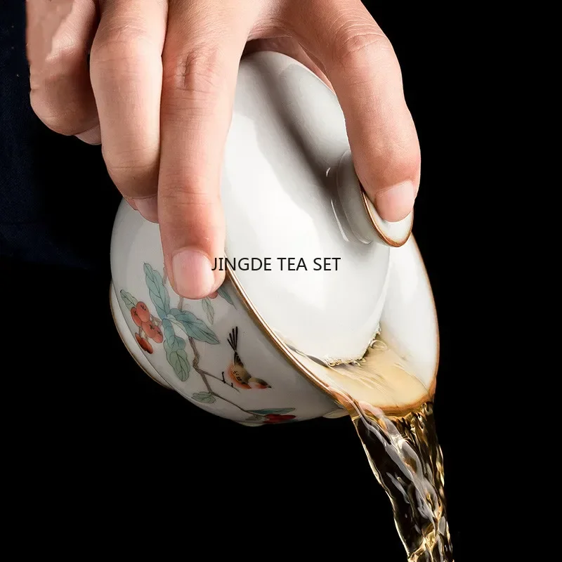 Chinese Handmade Ru Kiln Tea Cup with Cute Cat Pattern Ceramic Lid Bowl Travel Tea Set