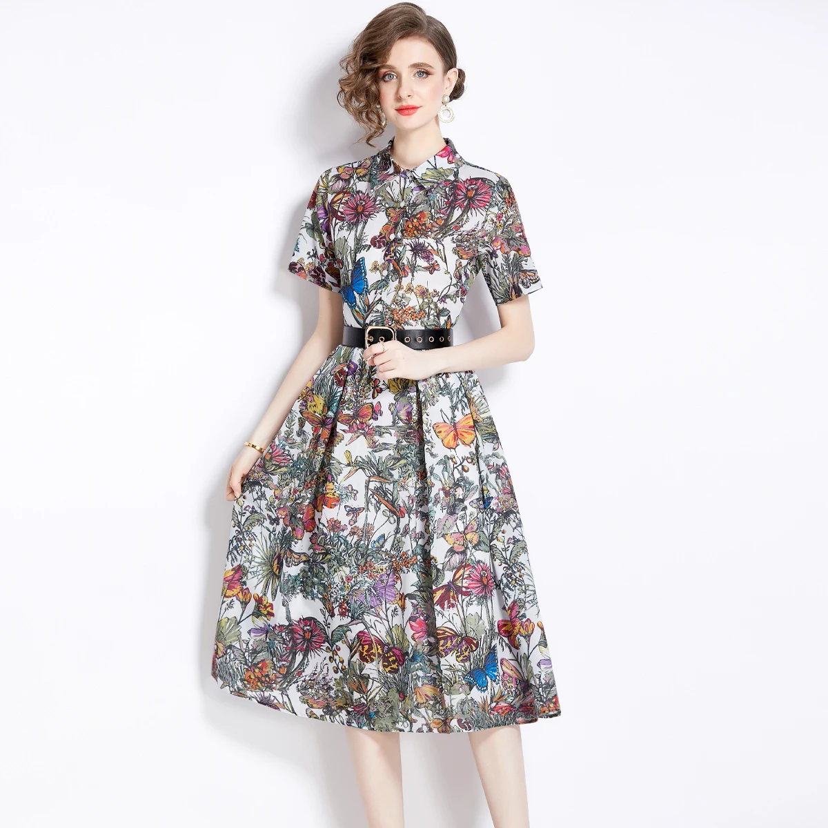 

Женское винтажное платье-рубашка ZJYT, модельное дизайнерское Повседневное платье средней длины с отложным воротником и принтом, праздничное платье, лето 2024