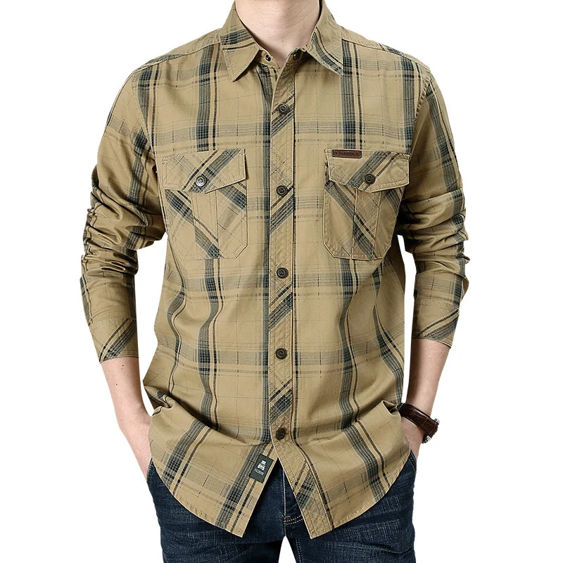 

Military Army Plaid Shirts Men Spring Autumn Casual Pure Cotton Long Sleeve Shirt Business Camisa Social Masculina Plus Size 5XL