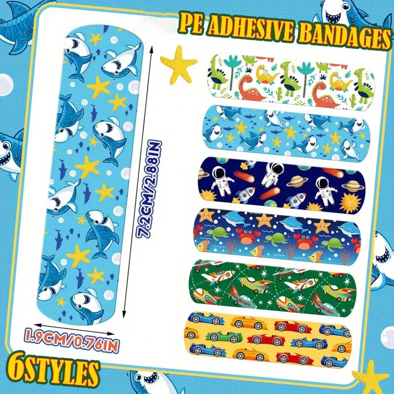Cute Cartoon Self-Adhesive Bandages, Breathable PE Material with 6 Fun Designs (Dinosaurs, Spaceships, Cars, Animals & More)
