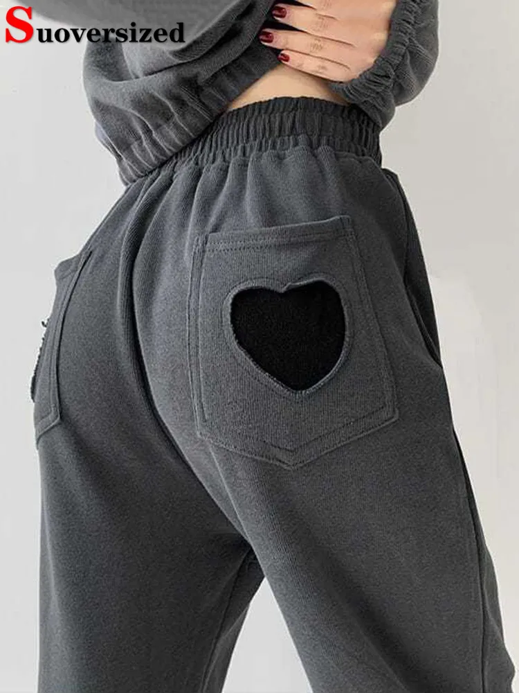 

Streetwear Lace Up Baggy Sweatpants Chic Love Design Women Straight Pantalones Loose Fashion Solid High Waist Jogger Calca New