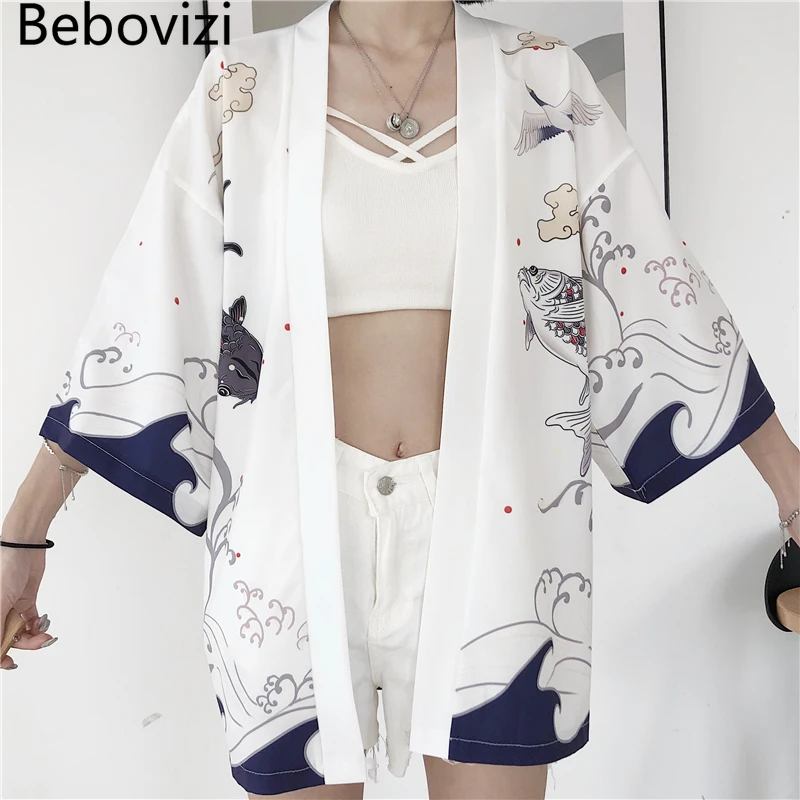 Bebovizi Japanese Fish Print Kimono Cardigan Harajuku Traditional Women Cosplay Yukata Female Obi Black Streetwear Haori Beach