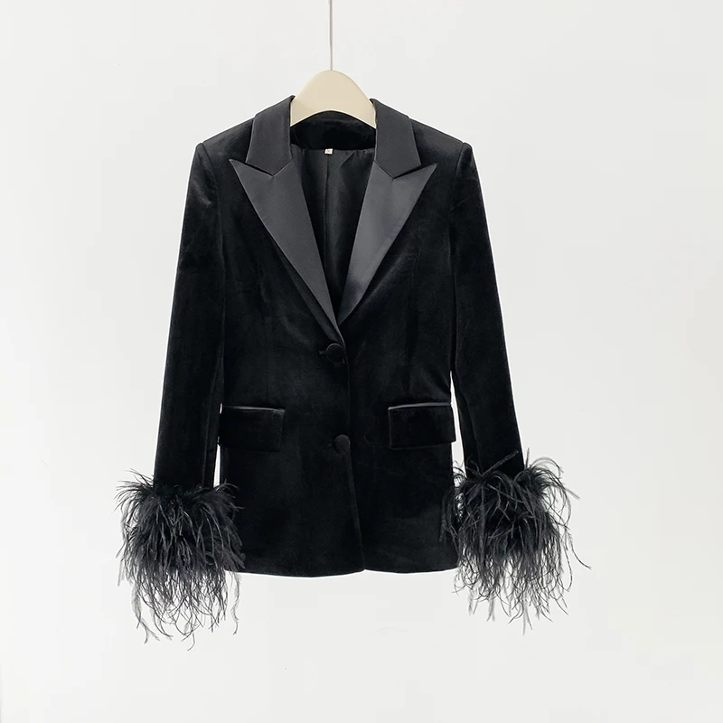 Black Velvet Blazer with Ostrich hair Feathers Women  Jacket Satin Lapel Office Business Autumn Winter Coat Formal Blazer Suit 3