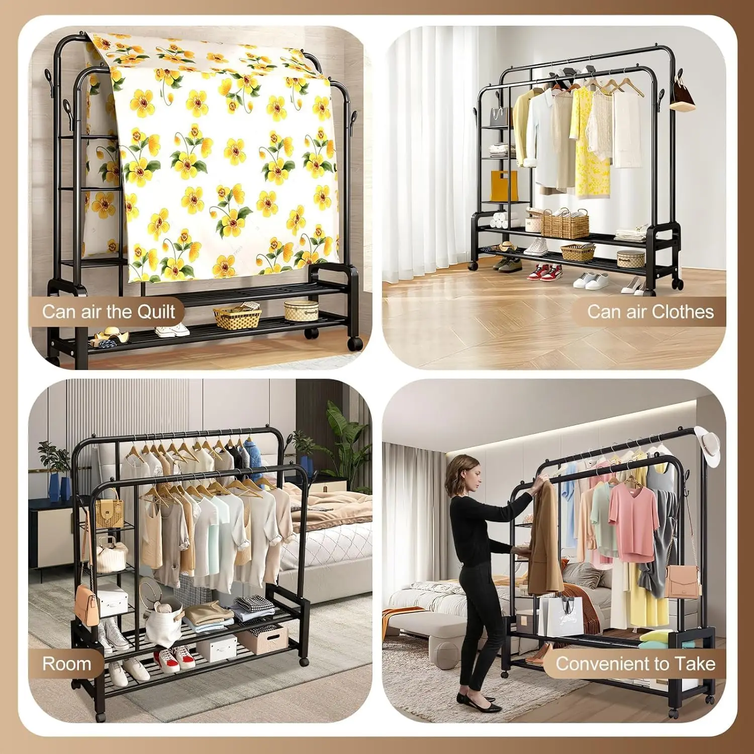 رف ملابس مزدوج حديد وعجلات متحركة 3 طبقات