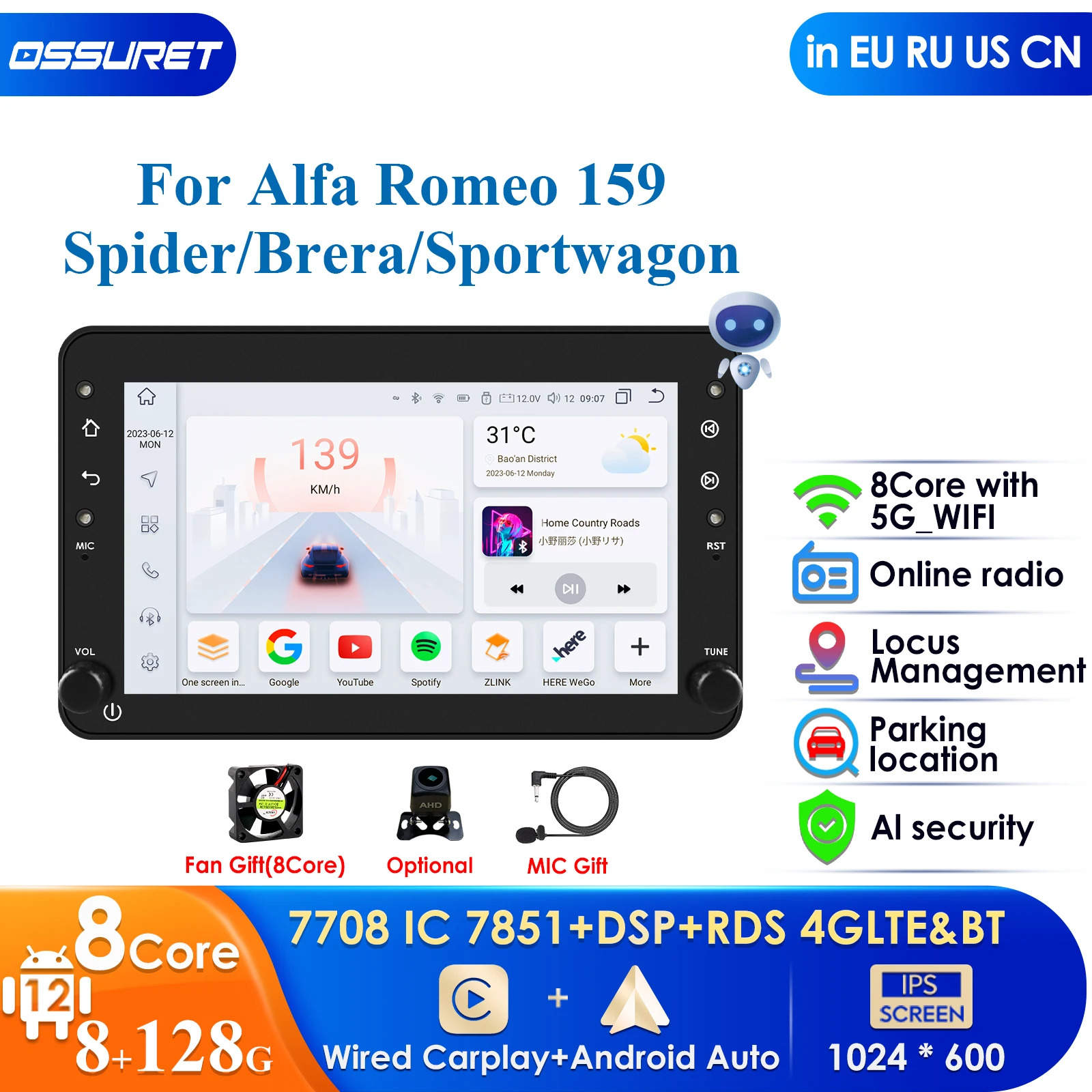 

Carplay 4G 7" AI System Car Radio Android for Alfa Romeo Brera Spider 159 Sportwagon Multimedia Player Navigation GPS 2Din Audio