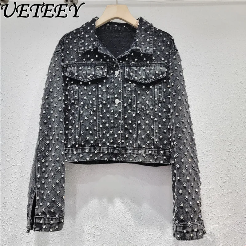 

Exquisite Rhinestone Denim Coat Top Women 2024 New Spring Loose Slimming All-Matching Long Sleeve Button Short Jean Jacket Coats