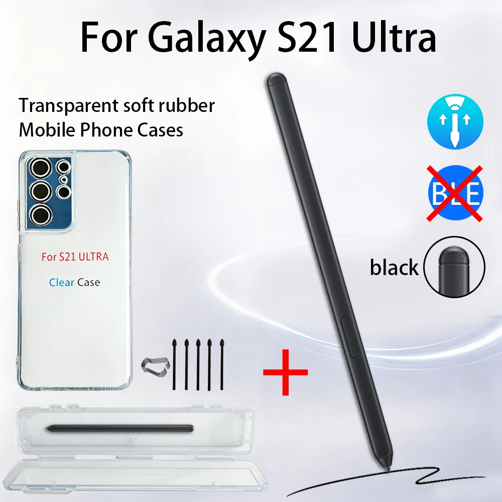 Kit de Accesorios 3 en 1 para Samsung Galaxy S21 Ultra: Lápiz Táctil S Pen + Repuestos de Puntas + Funda Protectora de TPU Suave Transparente Antiarañazos