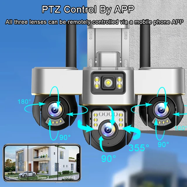 12MP Three Lens Three Screen Camera 4G Outdoor Humanoid Tracking Security Protection Surveillance Support 10X Zoom PTZ Cameras 5