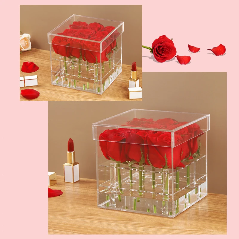 Selling Transparent Acrylic Removable Rose Gift Box 1/4/9/16/25/36 Holes Flower Box Water Storage Dust Proof Porous Eternal 18cm transparent stand acrylic display case show box dust proof base for 1 32 car models