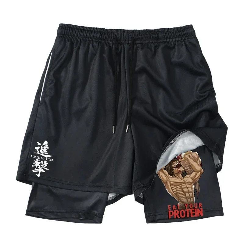 Anime Attack on Titan 2 in 1 Gym Workout Shorts for Men Quick Dry Stretchy Athletic Compression Shorts Fitness Running Jogging 3