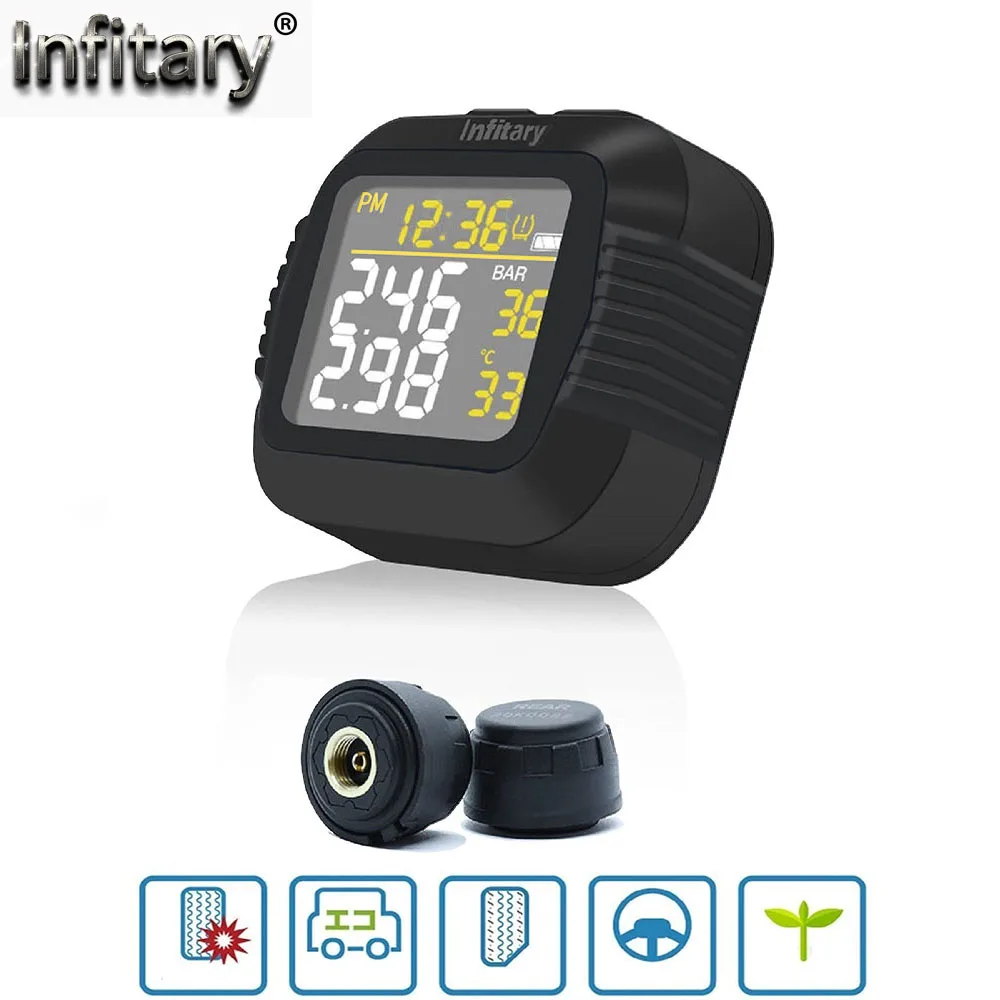 Infitary Motorcycle TPMS Tire Pressure Monitoring System 2 External Sensor  Wireless LCD Display Moto Tyre Alarm sensors From US
