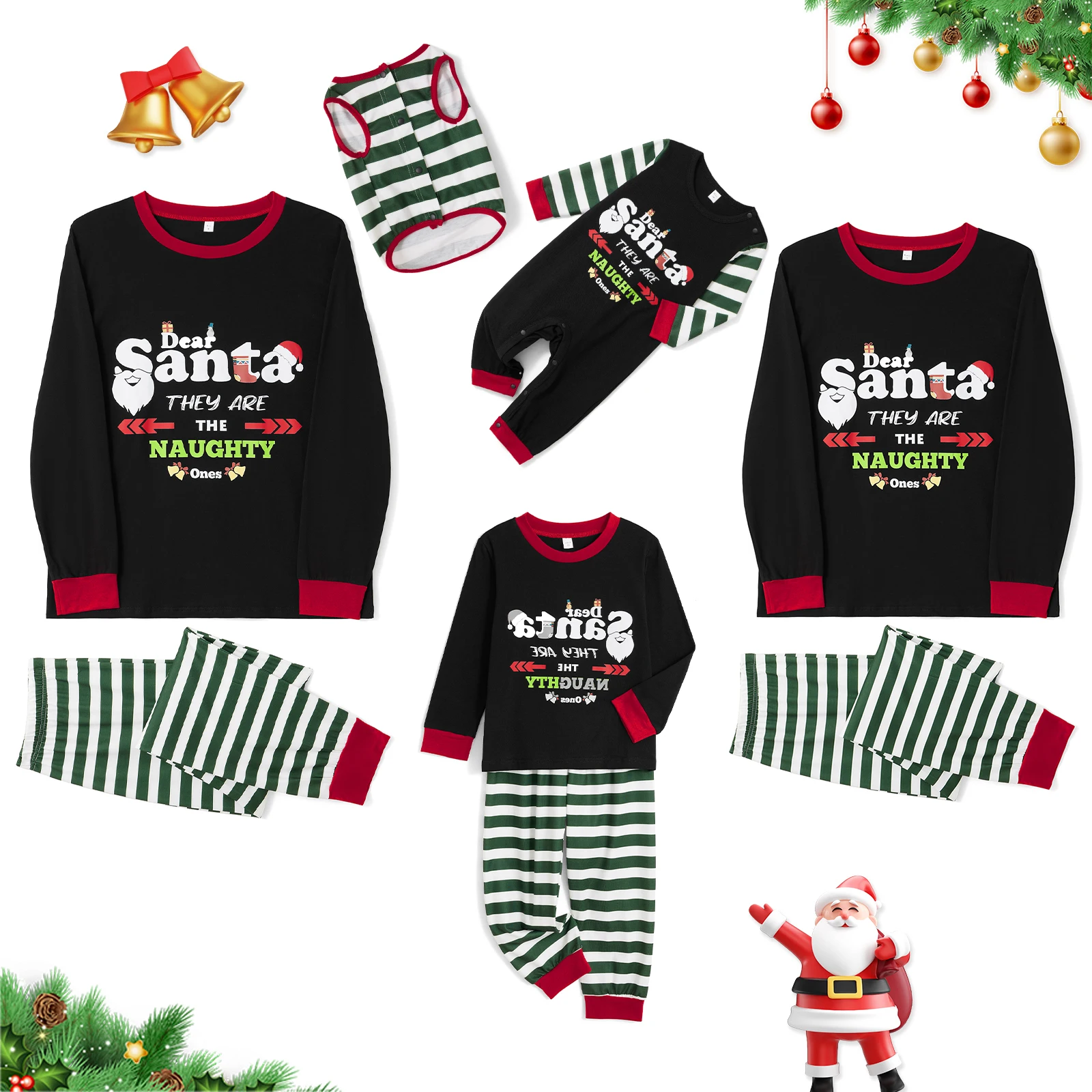 thumbnail image 4 of Conjunto de pijamas familiares navideños a juego, camiseta de manga larga con estampado de letras y pantalones a rayas, ropa de dormir para estar en casa 2024, 4 of 5