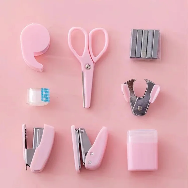 미니 사무용품 키트 세트, 미니 스테이플러, 가위, 스테이플 리무버, 스테이플, 테이프 디펜서 스크랩북 도구 상자 포함, 8 개