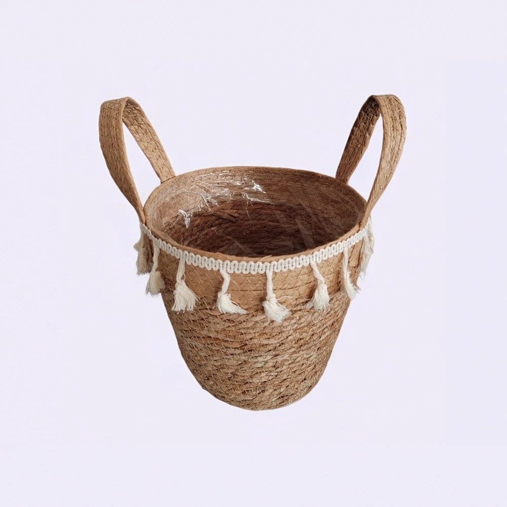 סל פרחים בעבודת יד בסגנון כפרי, ארוג מסיב ים, עם ידית, עציץ דקורטיבי, סל כביסה גדול, סל אחסון בגדים