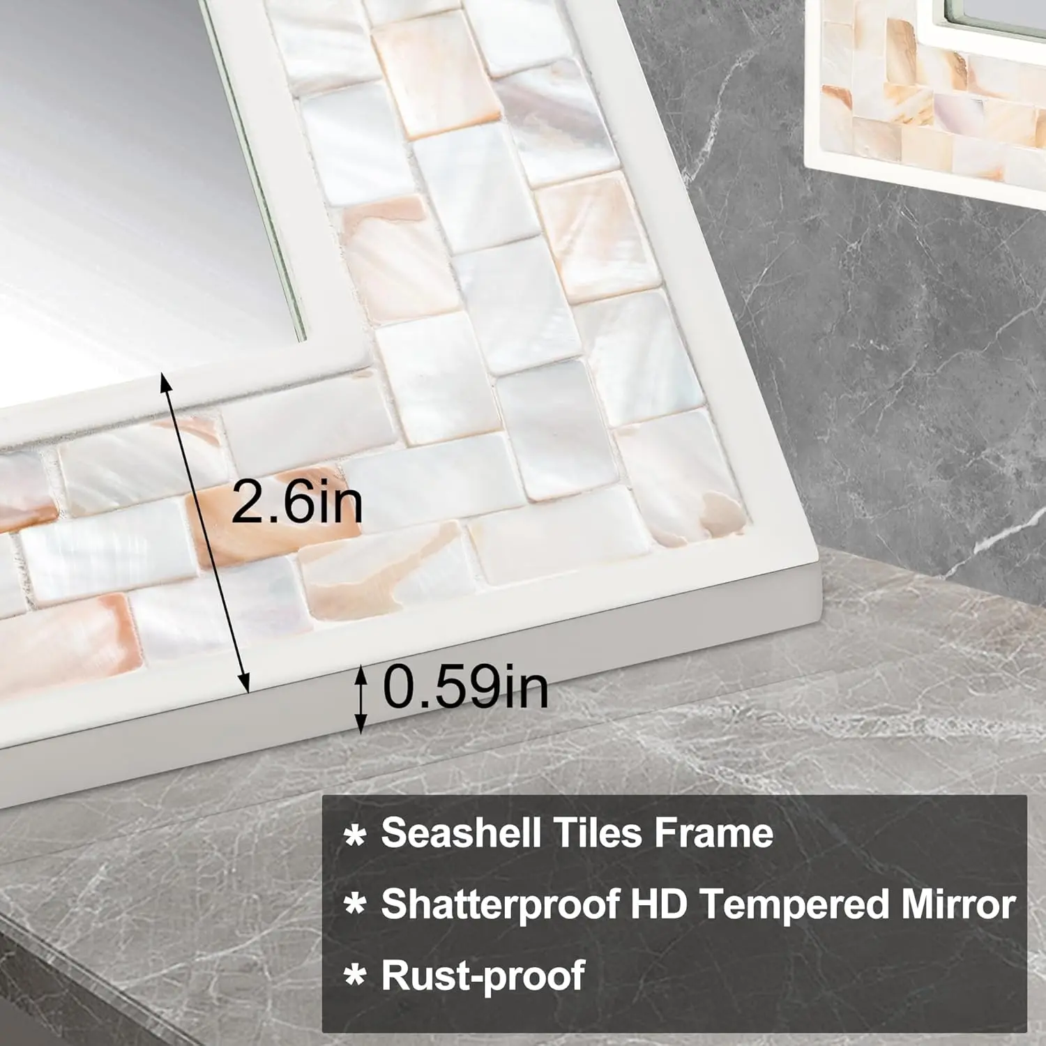 White Wall Mirror. 20x28" Rectangle. Natural Shell Frame. Bathroom, Bedroom, Living Room, Entryway. Horizontal/Vertical