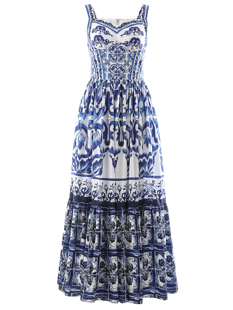 New Elegant Print Midi Women Summer Dress Vintage Spaghetti Strap A-Line Slim Party Vestidos Robe