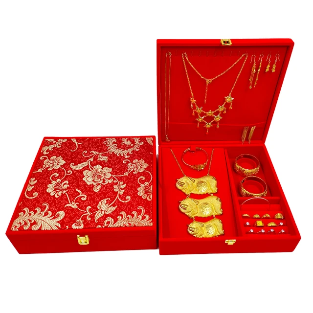 Fine Chinese wedding jewelry box, large red velvet brocade gold