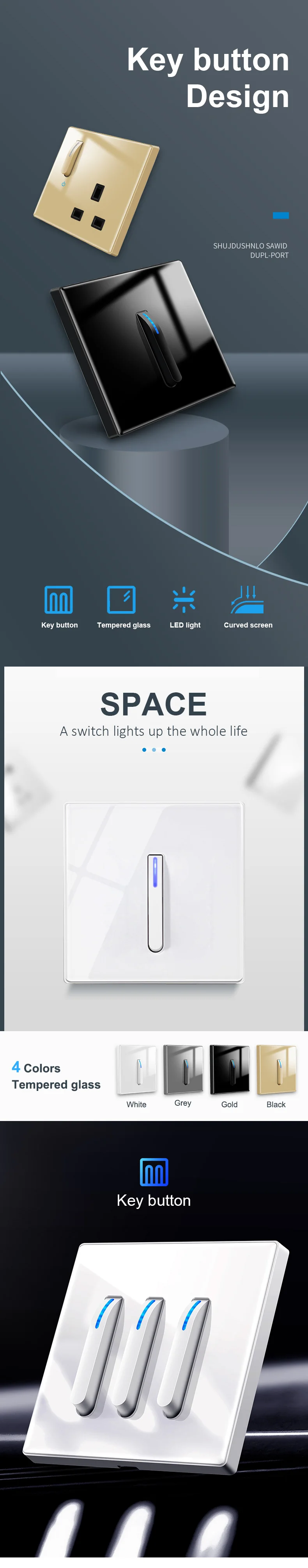 temperado, Self-Reset, 1 Gang, 2 Way, LED