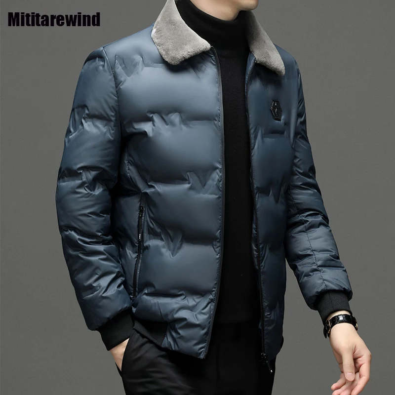 

Autumn Winter Men's Jackets Light Business Commute Parkas Fur Collar Black Padded Coat Middle-aged Men Fashion Warm Bubble Coats