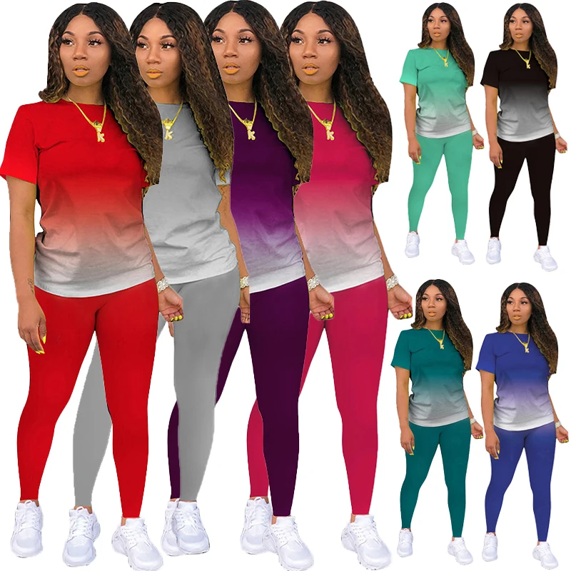 Summer Women's Sports Yoga Fitness Legging Athletic Sets Short Sleeve T Shirt + Pant Women's Fashion Gradient  Casual Sportwear women sporty active wear matching sets short sleeve patchwork top tees and hollow leggings 2 two piece workout outfits sportwear