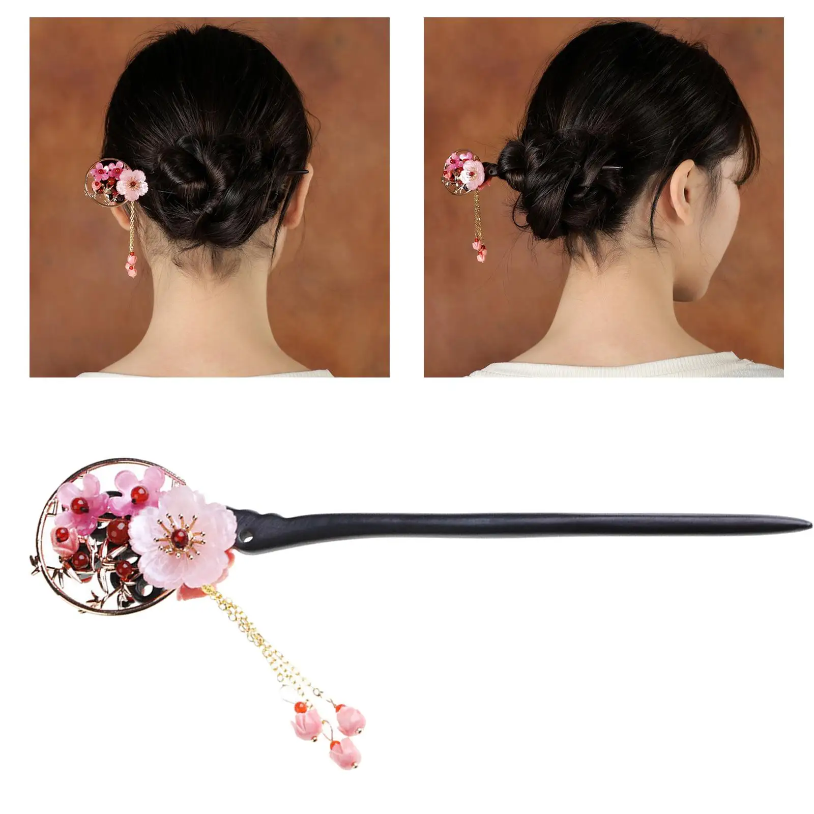 Flower Hair Stick Chinese Wooden Hair Chopsticks Vintage Tassel Styling Making Accessories for Women