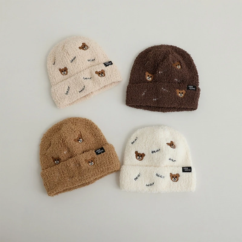 

Winter Warm Hat Kid Soft Baby Bonnet Cap Embroidered Bear Hat for Boy Girl Newborn Crochet Knitted Hat