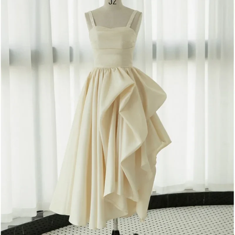 

Elegant Strap Formal Evening Dress Classic Satin Wedding Party Guest Dresses Temperament Quinceanera Prom Gown Irregular Robe