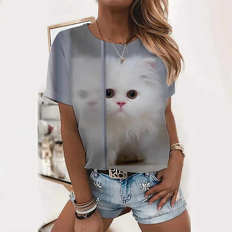 

Fashion Women T Shirts 3D Kawaii Cat Print Tops Summer Famale T-shirt Harajuku Tees O-Neck 2024 Short Sleeves Oversized Clothing