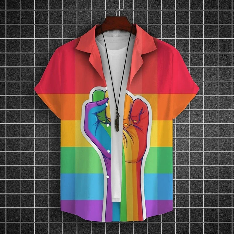 thumbnail image 1 of Camisa de verano de gran tamaño con estampado romántico de arcoíris para hombre, camisetas de manga corta con estampado digital, camisa hawaiana para hombre, 1 of 5