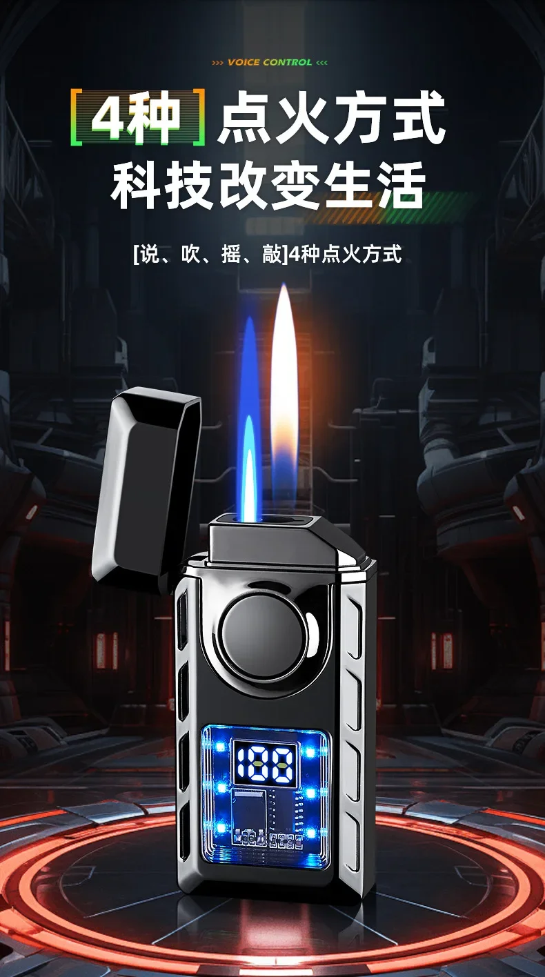 Description Picture 6 of itemCreative Voice Controlled Ignition Gas Lighter Color Light Battery Display Open Fire Switching Jet Fire USB Electric Lighters