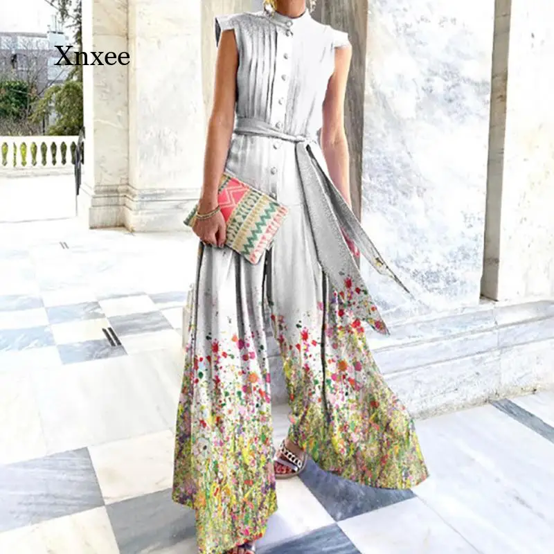 

Fashion Women Floral Cartoon Printed Jumpsuits Lady Elegant Butterfly Sleeve Office Casual Lace-Up Wide Leg Overalls Summer New
