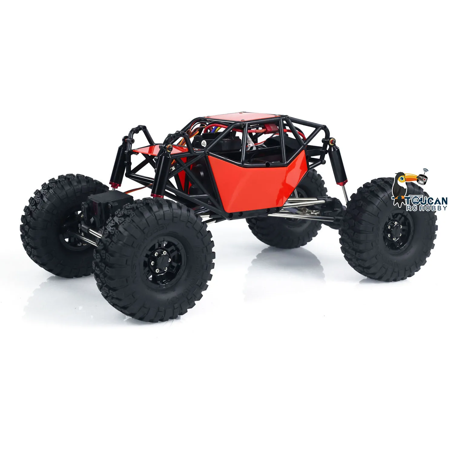 RC Crawler 1/10 4x4 RTR 8504 franchissant un obstacle, voiture tout-terrain électrique avec batterie Li-Po incluse.