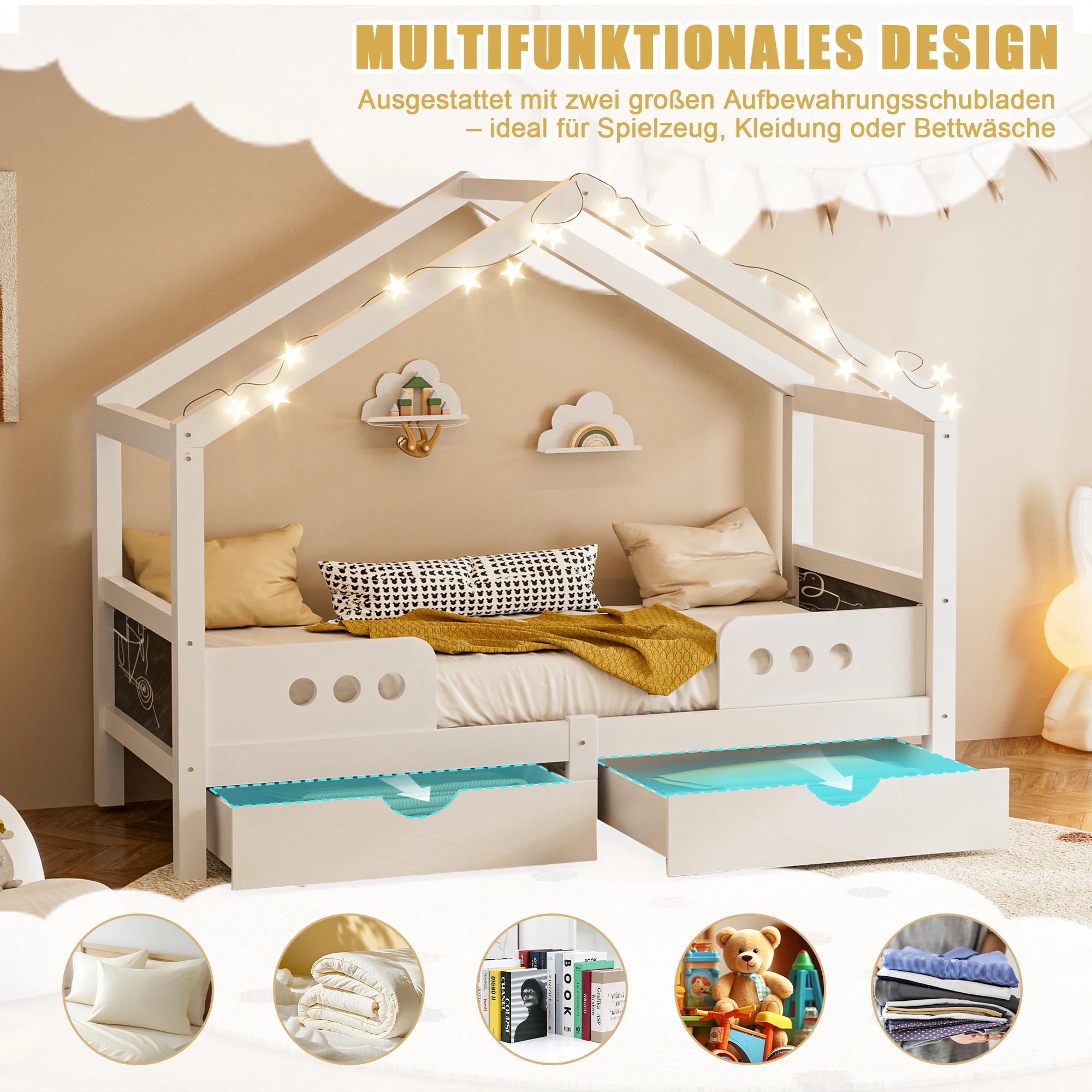 KOMHTOM Kinderbett mit Dachdesign, 2 Großen Schubladen, Stabilem Holz-MDF-Rahmen, UV-Lackierung Geruchsarm – Detail 5