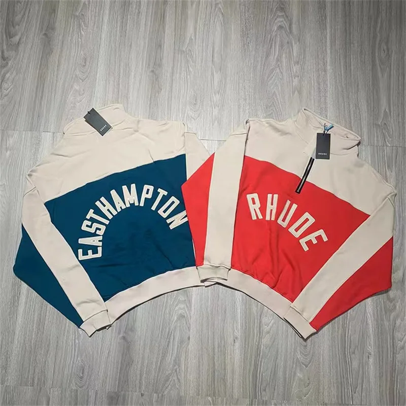 

Red Blue RHUDE Vintage Zip Embroidery Logo Stand Collar Sweatshirt Pullover Top Quality 1:1 High Street Fashion Mens Womens