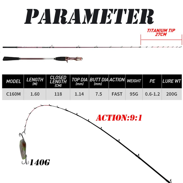 160cm의 초경량 낚싯대, 티타늄 캐스팅 팁과 함께 오징어 낚시에 최적인 제품