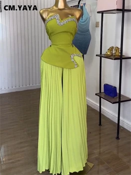 CM.YAYA Women's Set Diamonds Hot Rhinestones Crop Top and Pleated Wide Leg Pants Suit 2025 Two 2 Piece Sets Outfits Tracksuit 1