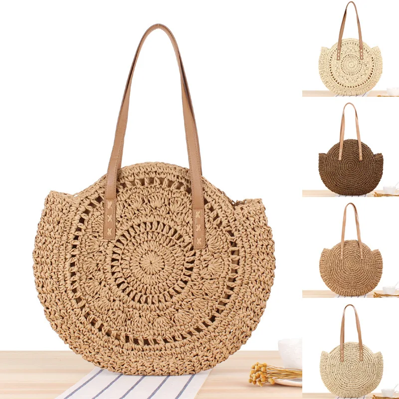

New Straw Woven Bag Simple Round One Shoulder Fashion Women's Bags Beach Photography Hand Bag Camping Accessories