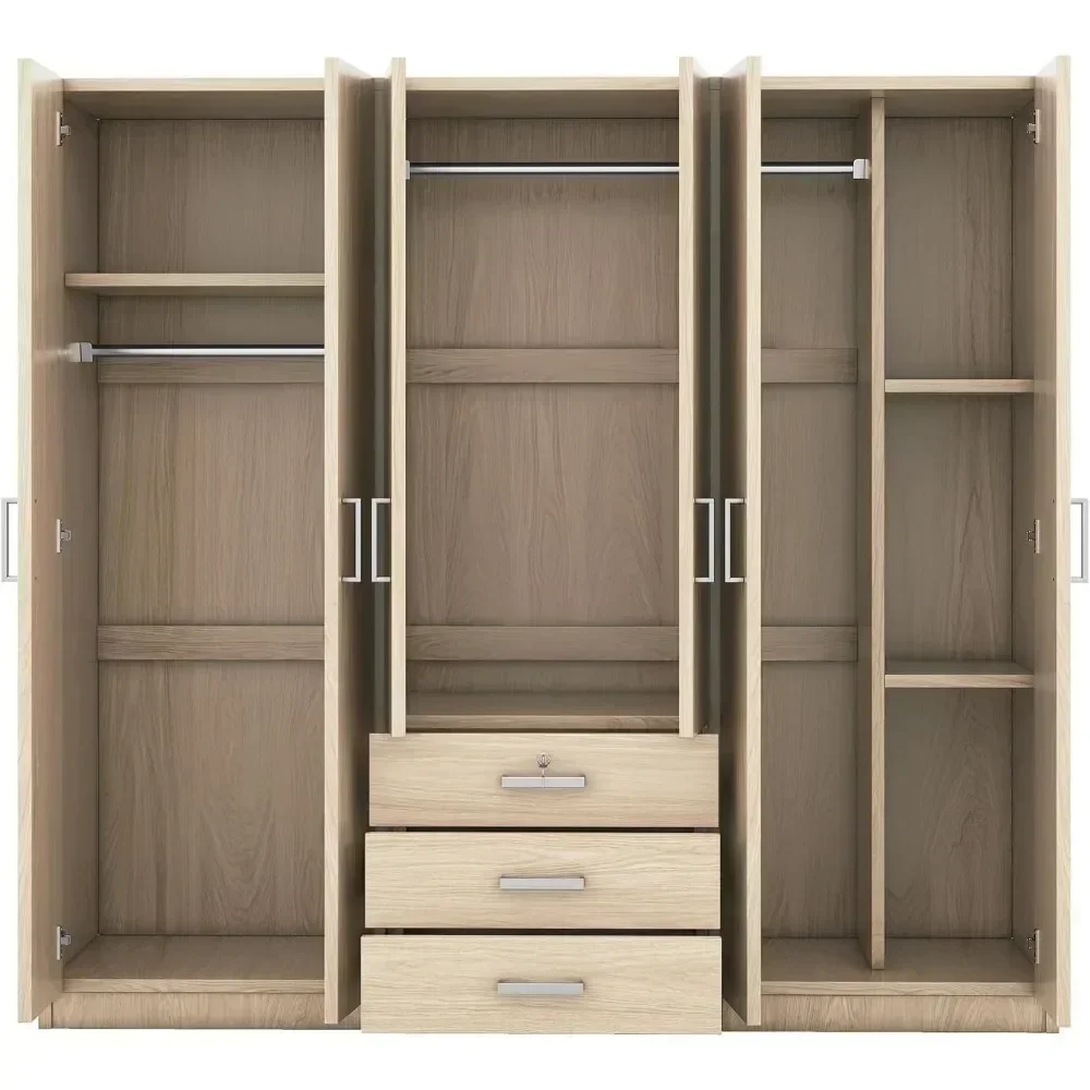 Large Wardrobe Closet 6 Doors, Wooden Wardrobe Cabinet with Big Drawers, Bedroom Armoire Dresser Wardrobe Clothes Organizer 6
