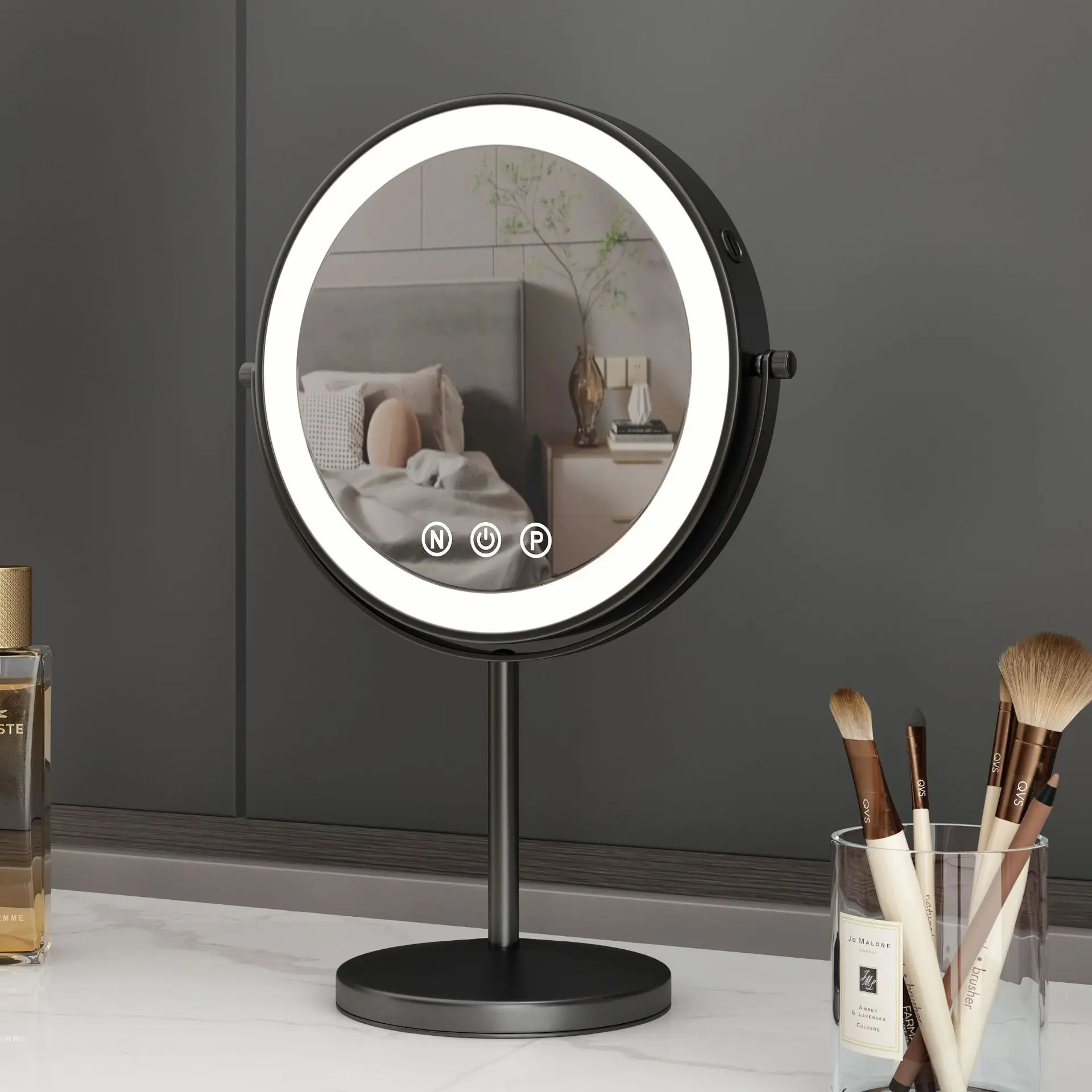9 inch 360 degrees Bedroom or Bathroom table Lifting Makeup Mirror, 3X Magnifying Double Mirror with LED Light Cosmetic Mirror