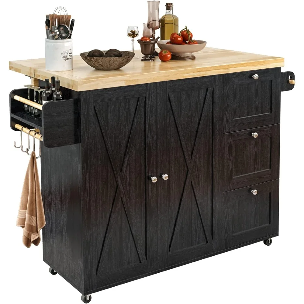 

Rolling Kitchen Island Cart with Drop-Leaf Countertop, Barn 3Drawers, Barn Door Style Cabine,Thicker Rubberwood Top