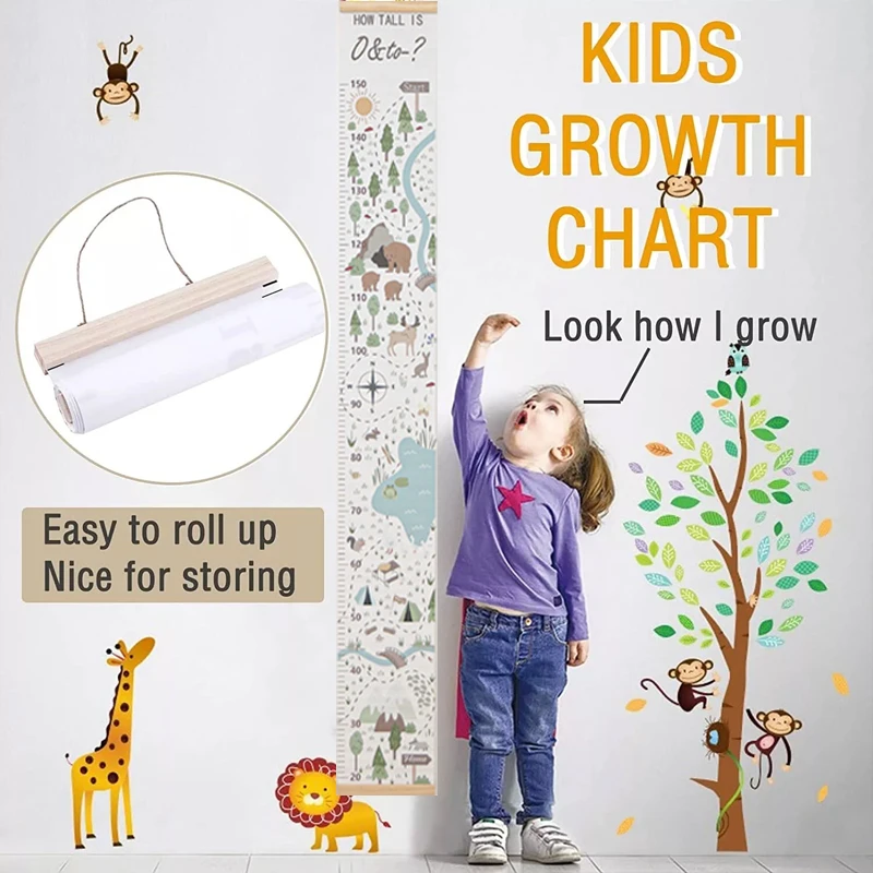 Children Height Measuring Rulers Removable Roll Up Height Measure Chart with Frame Decorative Wall Hanging Baby Growth Chart
