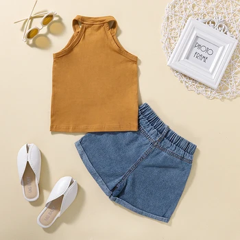 Girls Summer Outfits Set with Sleeveless Tank Tops and Stretch Denim Shorts in Solid Colors for a Casual Look 1