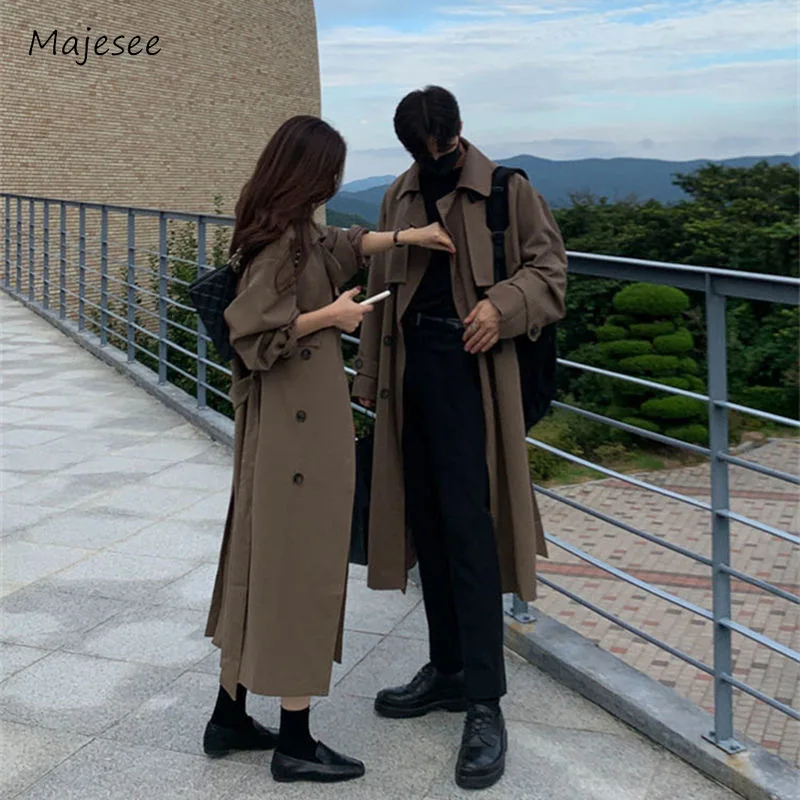 Trench Men Autumn Unisex Patch Designs Korean Commuting Style Long Couple Coats All-match High Street Aesthetic Double Breasted
