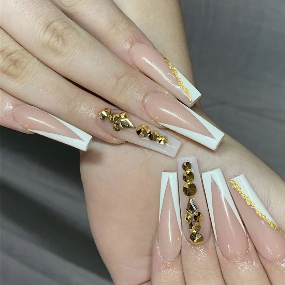 New High Quality 24PCS Super Long Press on Nails Cute Gold Gems Design Full  Coverage Nails Removable Save Time Artificial Nails - AliExpress