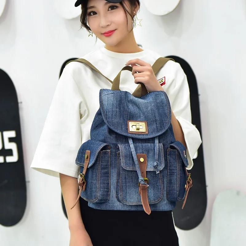 Annmouler Fashion Women Backpacks Large Capacity Daypack Denim Rucksack Drawstring 2022 College Students School Bag For Girls 5
