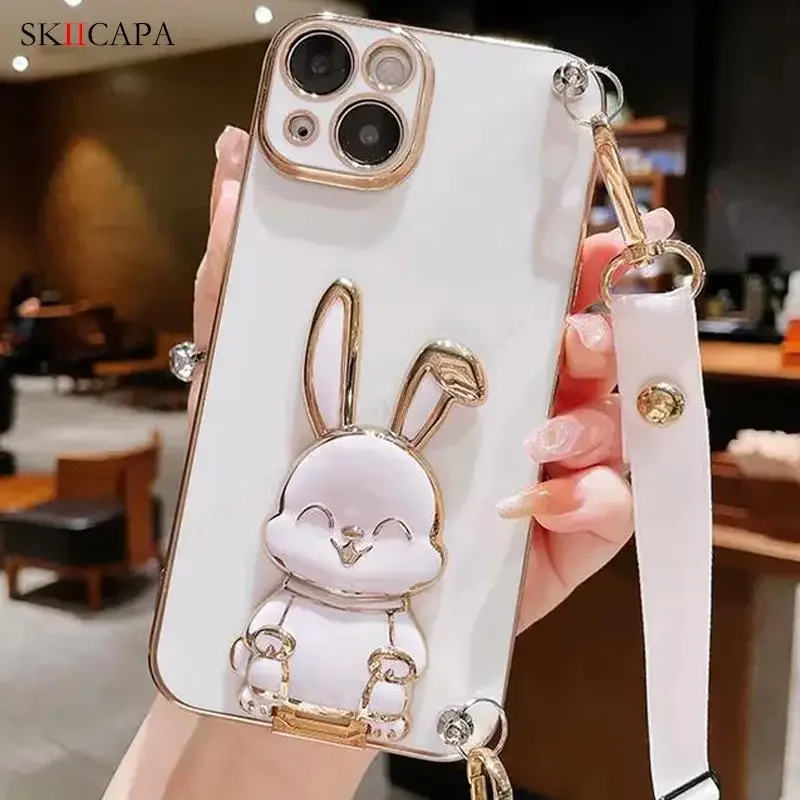 Plating Silicone Crossbody Lanyard Phone Case with Rabbit Holder