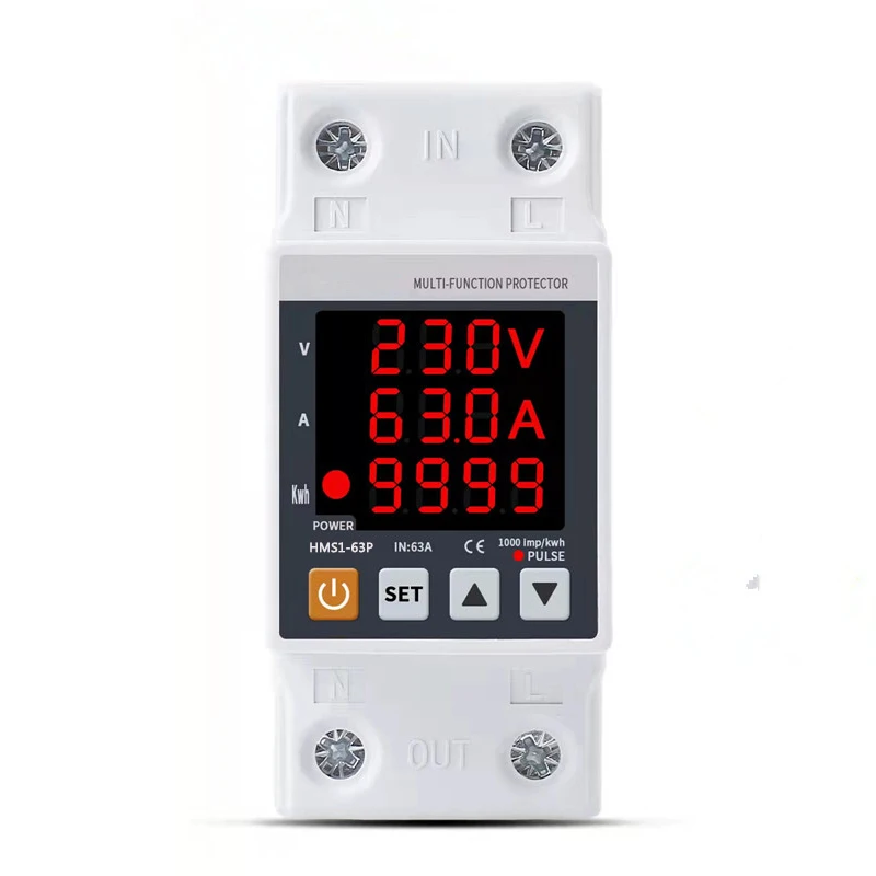

2P 63A 230V 3IN1 Display Din Rail Adjustable Over Under Voltage Surge Protector Relay Over Current Protect Kwh Power Watt Meter