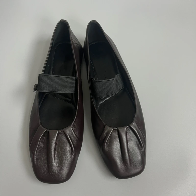 Jenny&Dave Slip-On Loafers New French Retro Fashion Ladies Flat Shoes Pleated Women Shoes Simple Genuine Leather Soft Casual